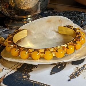 Genuine Yellow Jade Cuff Bracelet 14K Gold Plated
